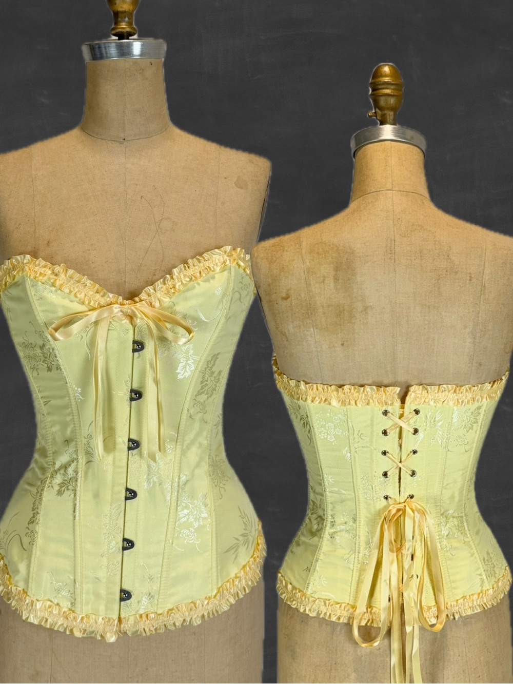 Corset Victorian lace tie floral damask ruffle shapewear lingerie lemon yello